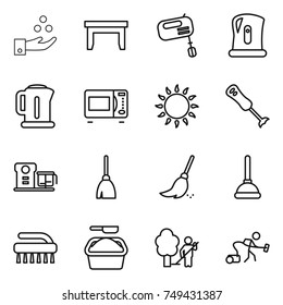 thin line icon set : chemical industry, table, mixer, kettle, microwave oven, gas, blender, food processor, broom, plunger, brush, washing powder, garden cleaning, vacuum cleaner
