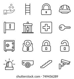 thin line icon set : chemical industry, stairs, lock, building helmet, important flag, detector, first aid, key, safe, life vest, locked, unlocked, alarm, surveillance camera