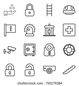 thin line icon set : chemical industry, lock, stairs, building helmet, important flag, alarm, detector, first aid, surveillance, safe, life vest, lifebuoy, locked, unlocked, camera
