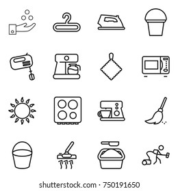 thin line icon set : chemical industry, hanger, iron, bucket, mixer, coffee maker, rag, microwave oven, gas, hob, broom, vacuum cleaner, washing powder