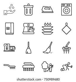 thin line icon set : chemical industry, bin, iron, washing machine, fridge, coffee maker, plate, rag, food processor, broom, vacuum cleaner, brush, garden cleaning