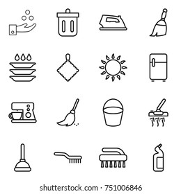 thin line icon set : chemical industry, bin, iron, broom, plate washing, rag, gas oven, fridge, coffee maker, bucket, vacuum cleaner, plunger, brush, toilet cleanser