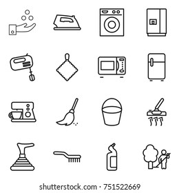 thin line icon set : chemical industry, iron, washing machine, fridge, mixer, rag, microwave oven, coffee maker, broom, bucket, vacuum cleaner, plunger, brush, toilet cleanser, garden cleaning