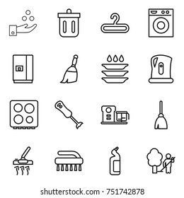 thin line icon set : chemical industry, bin, hanger, washing machine, fridge, broom, plate, kettle, hob, blender, food processor, vacuum cleaner, brush, toilet cleanser, garden cleaning