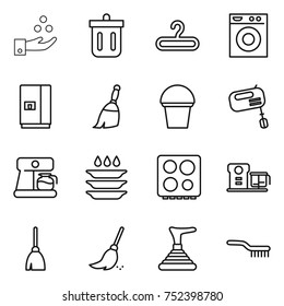 thin line icon set : chemical industry, bin, hanger, washing machine, fridge, broom, bucket, mixer, coffee maker, plate, hob, food processor, plunger, brush