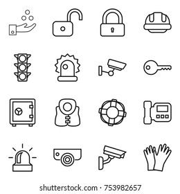 thin line icon set : chemical industry, unlock, lock, building helmet, traffic light, alarm, surveillance, key, safe, life vest, lifebuoy, intercome, camera, gloves
