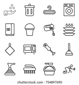thin line icon set : chemical industry, bin, hanger, washing machine, fridge, bucket, mixer, plate, rag, microwave oven, blender, plunger, brush, powder, vacuum cleaner