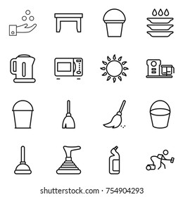 thin line icon set : chemical industry, table, bucket, plate washing, kettle, microwave oven, gas, food processor, broom, plunger, toilet cleanser, vacuum cleaner