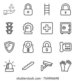 thin line icon set : chemical industry, lock, stairs, traffic light, alarm, first aid, safe, shield, life vest, locked, intercome, surveillance camera, gloves