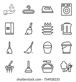 thin line icon set : chemical industry, hanger, iron, washing machine, fridge, broom, plate, kettle, bucket, foam, vacuum cleaner, plunger, powder, garden cleaning