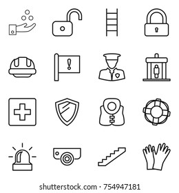 thin line icon set : chemical industry, unlock, stairs, lock, building helmet, important flag, security man, detector, first aid, shield, life vest, lifebuoy, alarm, surveillance camera, gloves