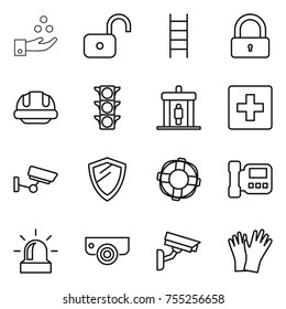 thin line icon set : chemical industry, unlock, stairs, lock, building helmet, traffic light, detector, first aid, surveillance, shield, lifebuoy, intercome, alarm, camera, gloves