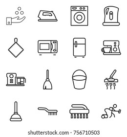 thin line icon set : chemical industry, iron, washing machine, kettle, rag, microwave oven, fridge, coffee maker, food processor, broom, bucket, vacuum cleaner, plunger, brush