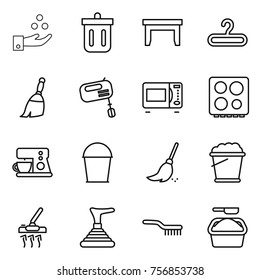 Thin line icon set : chemical industry, bin, table, hanger, broom, mixer, microwave oven, hob, coffee maker, bucket, foam, vacuum cleaner, plunger, brush, washing powder