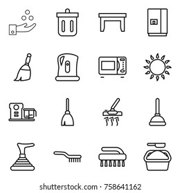 Thin line icon set : chemical industry, bin, table, fridge, broom, kettle, microwave oven, gas, food processor, vacuum cleaner, plunger, brush, washing powder