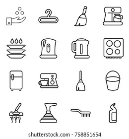 Thin line icon set : chemical industry, hanger, broom, coffee maker, plate washing, kettle, hob, fridge, bucket, vacuum cleaner, plunger, brush, toilet cleanser