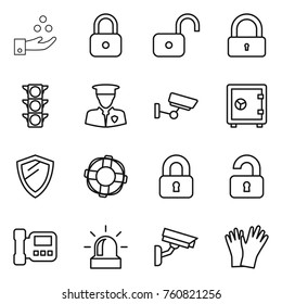 Thin line icon set : chemical industry, lock, unlock, traffic light, security man, surveillance, safe, shield, lifebuoy, locked, unlocked, intercome, alarm, camera, gloves