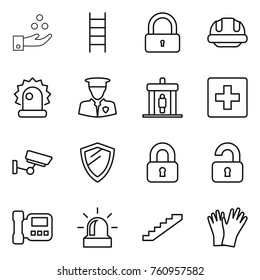 Thin line icon set : chemical industry, stairs, lock, building helmet, alarm, security man, detector, first aid, surveillance, shield, locked, unlocked, intercome, gloves