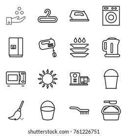 Thin line icon set : chemical industry, hanger, iron, washing machine, fridge, mixer, plate, kettle, microwave oven, gas, food processor, bucket, broom, brush, powder