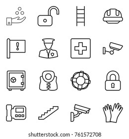 Thin line icon set : chemical industry, unlock, stairs, building helmet, important flag, security man, first aid, surveillance, safe, life vest, lifebuoy, locked, intercome, camera, gloves