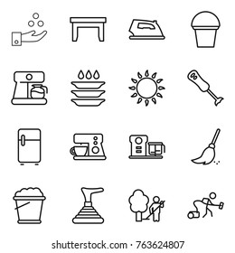 Thin line icon set : chemical industry, table, iron, bucket, coffee maker, plate washing, gas oven, blender, fridge, food processor, broom, foam, plunger, garden cleaning, vacuum cleaner