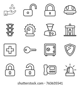 Thin line icon set : chemical industry, unlock, lock, building helmet, traffic light, alarm, security man, detector, first aid, key, safe, shield, locked, unlocked, intercome
