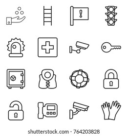 Thin line icon set : chemical industry, stairs, important flag, traffic light, alarm, first aid, surveillance, key, safe, life vest, lifebuoy, locked, unlocked, intercome, camera, gloves