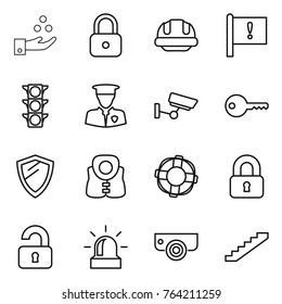 Thin line icon set : chemical industry, lock, building helmet, important flag, traffic light, security man, surveillance, key, shield, life vest, lifebuoy, locked, unlocked, alarm, camera, stairs