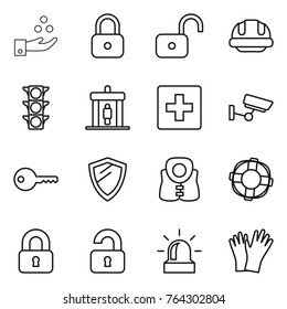 Thin line icon set : chemical industry, lock, unlock, building helmet, traffic light, detector, first aid, surveillance, key, shield, life vest, lifebuoy, locked, unlocked, alarm, gloves