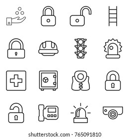 Thin line icon set : chemical industry, lock, unlock, stairs, building helmet, traffic light, alarm, first aid, safe, life vest, locked, unlocked, intercome, surveillance camera