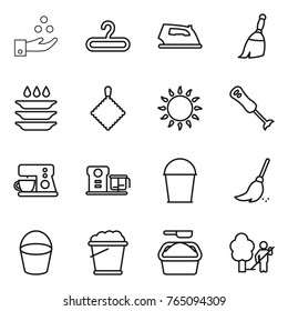 Thin line icon set : chemical industry, hanger, iron, broom, plate washing, rag, gas oven, blender, coffee maker, food processor, bucket, foam, powder, garden cleaning