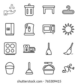 Thin line icon set : chemical industry, bin, table, hanger, fridge, kettle, microwave oven, gas, hob, food processor, broom, bucket, plunger, washing powder, vacuum cleaner