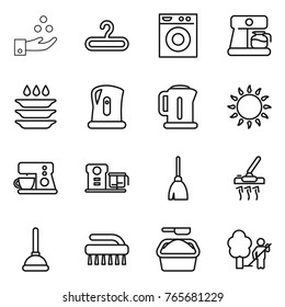 Thin line icon set : chemical industry, hanger, washing machine, coffee maker, plate, kettle, gas oven, food processor, broom, vacuum cleaner, plunger, brush, powder, garden cleaning