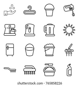 Thin line icon set : chemical industry, hanger, bucket, mixer, coffee maker, kettle, gas oven, fridge, foam, vacuum cleaner, brush, washing powder, toilet cleanser