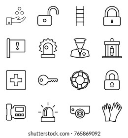 Thin line icon set : chemical industry, unlock, stairs, lock, important flag, alarm, security man, detector, first aid, key, lifebuoy, locked, intercome, surveillance camera, gloves