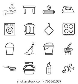 Thin line icon set : chemical industry, table, hanger, iron, washing machine, kettle, rag, hob, bucket, broom, foam, vacuum cleaner, brush, powder, toilet cleanser