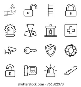Thin line icon set : chemical industry, unlock, stairs, lock, alarm, security man, detector, first aid, surveillance, key, shield, lifebuoy, unlocked, intercome