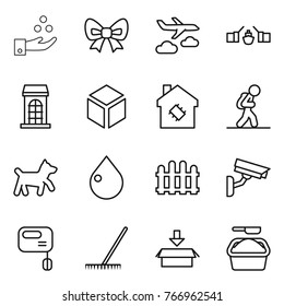 Thin line icon set : chemical industry, bow, journey, drawbridge, building, 3d, smart house, tourist, dog, drop, fence, surveillance camera, mixer, rake, package, washing powder