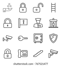 Thin line icon set : chemical industry, lock, unlock, stairs, important flag, security man, detector, surveillance, key, safe, shield, locked, intercome, camera