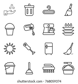 Thin line icon set : chemical industry, bin, hanger, broom, bucket, mixer, coffee maker, plate washing, gas oven, blender, fridge, foam, plunger, brush, powder