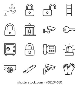 Thin line icon set : chemical industry, lock, unlock, stairs, detector, surveillance, key, safe, locked, intercome, alarm, camera, gloves