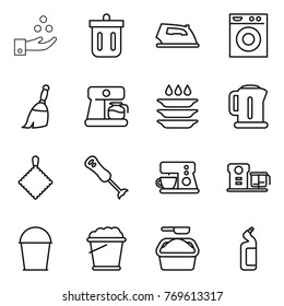 Thin line icon set : chemical industry, bin, iron, washing machine, broom, coffee maker, plate, kettle, rag, blender, food processor, bucket, foam, powder, toilet cleanser
