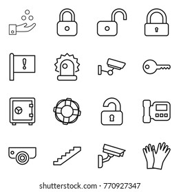 Thin line icon set : chemical industry, lock, unlock, important flag, alarm, surveillance, key, safe, lifebuoy, unlocked, intercome, camera, stairs, gloves