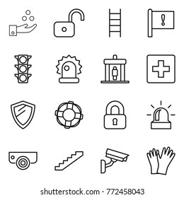 Thin line icon set : chemical industry, unlock, stairs, important flag, traffic light, alarm, detector, first aid, shield, lifebuoy, locked, surveillance camera, gloves