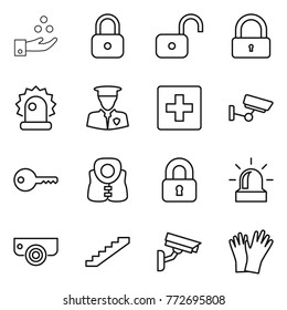 Thin line icon set : chemical industry, lock, unlock, alarm, security man, first aid, surveillance, key, life vest, locked, camera, stairs, gloves