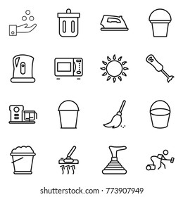 Thin line icon set : chemical industry, bin, iron, bucket, kettle, microwave oven, gas, blender, food processor, broom, foam, vacuum cleaner, plunger