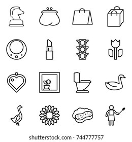 thin line icon set : chess horse, purse, shopping bag, necklace, lipstick, traffic light, perishable, heart pendant, flower in window, toilet, goose, sponge with foam, woman duster