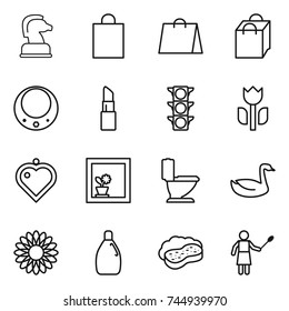thin line icon set : chess horse, shopping bag, necklace, lipstick, traffic light, perishable, heart pendant, flower in window, toilet, goose, cleanser, sponge with foam, woman duster