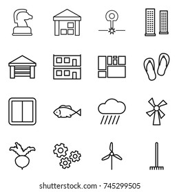 Thin Line Icon Set : Chess Horse, Warehouse, Laser, Skyscrapers, Garage, Modular House, Consolidated Cargo, Flip Flops, Power Switch, Fish, Rain Cloud, Windmill, Beet, Gears, Rake