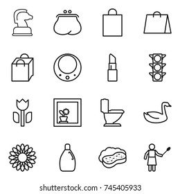 thin line icon set : chess horse, purse, shopping bag, necklace, lipstick, traffic light, perishable, flower in window, toilet, goose, cleanser, sponge with foam, woman duster